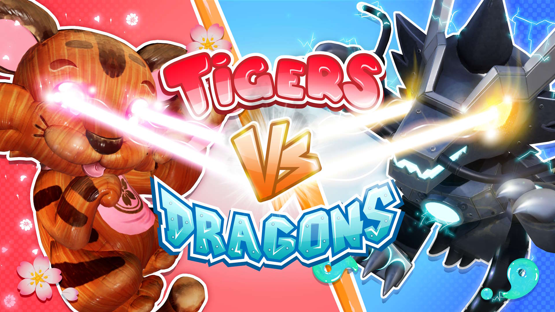 Key art for Tigers vs Dragons, featuring two cartoon-styled creatures, a tiger on the left with a red banner, and a dragon on the right with a blue banner, shooting laser eyes at one another, meeting underneath the title of the game.